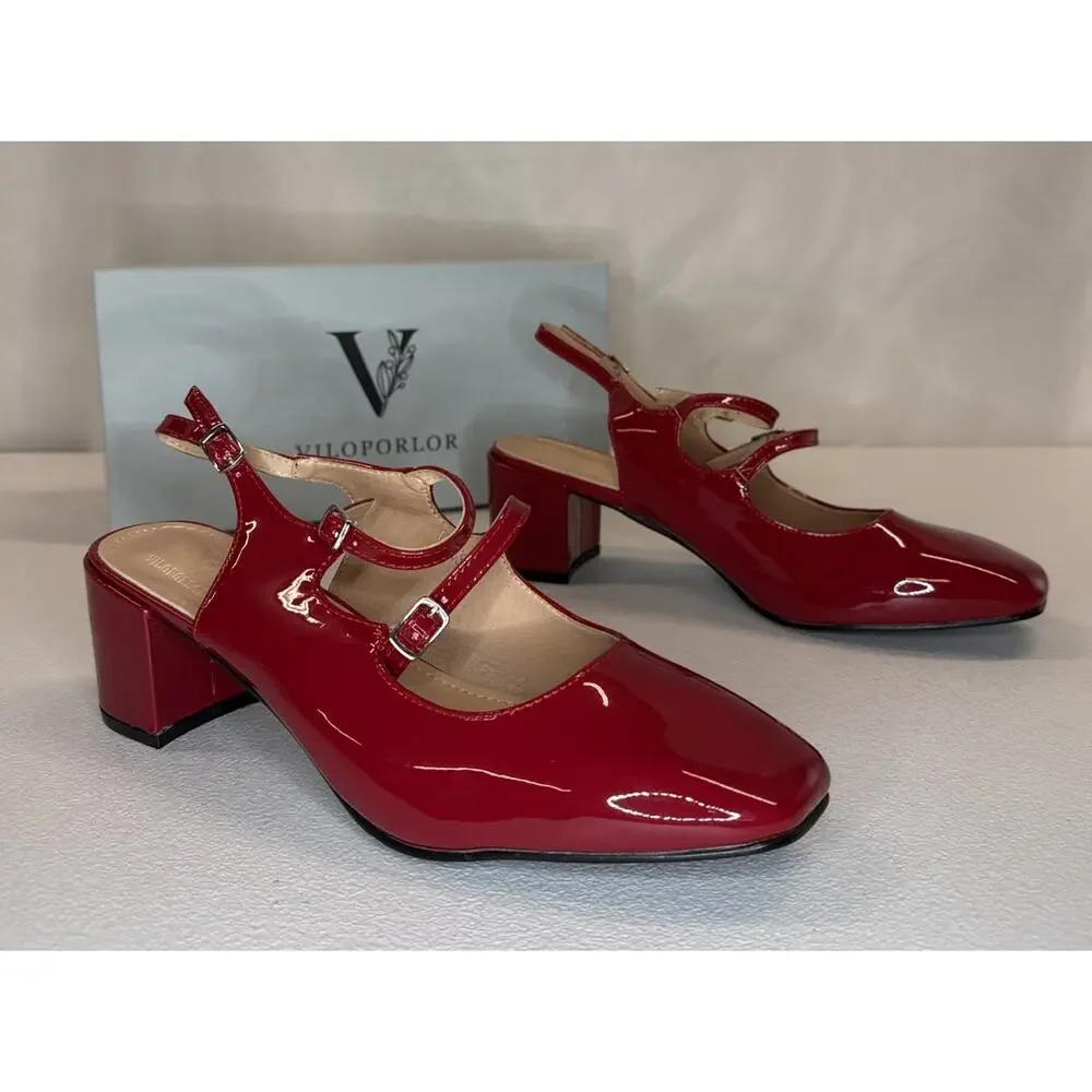 Viloporlor Women’s Mary Jane Shoes Slingback Chunky Heels Red Size 9